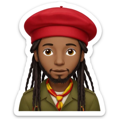 Black man with long tied-back black dreadlocks, red beret, reggae fashion sticker