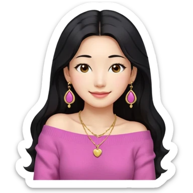 South Korean girl in her mid-thirties with long black hair with a middle part. She is wearing a pink, off the shoulder long sleeve knit sweater, extra small gold earrings and a gold necklace. She has brown eyes with narrow, mono lid shape and smiling with lips together sticker