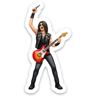 Icon for Heavy Metal: a metal band on stage, with electric guitars, drums, and a powerful vocalist. The atmosphere is intense with flashing lights, music notes, and a crowd of fans. The design should capture the energy and power of a live heavy metal performance. Transparent background. sticker