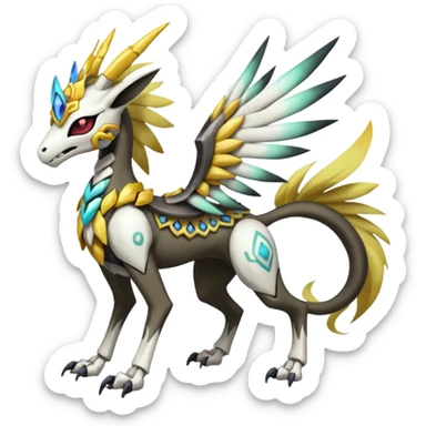 Colorful Skeletal masked armored Meloetta-Silvally-Solgaleo-Raikou-Pokémon-Digimon-Fakémon-fusion-hybrid-creature, full body sticker