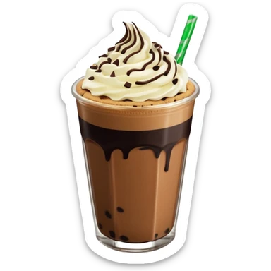 Vaso de vidrio con Frappé color café, crema en la parte superior con popote verde insertado en la crema, agregar encima de la crema chispas de chocolate y una galleta redonda color café oscuro tipo Oreo. sticker