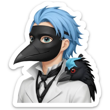 Handsome sexy adult anime man with light-blue hair and a black bird beak mask that covers whole face, black face mask, black mouth mask, black feathers draped over shoulder, wearing a white lab coat, long thin hair tendrils on the sides, with a mechanical raven sidekick, blue cravat, red eyes sticker