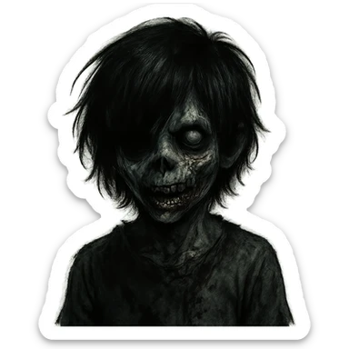boy zombie with black medium-long emo shaggy hair, dark and spooky, creepy expression sticker