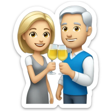 caucasian woman with brown eyes and blond short hair and a caucasian man with blue eyes and grey hair, toasting with a glass of white wine sticker
