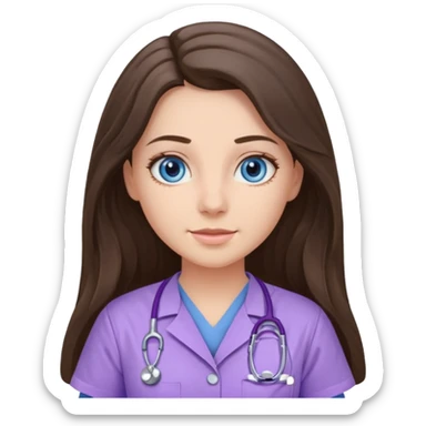 pretty brunette nurse with long hair and blue eyes in lilac scrubs sticker
