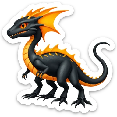 Magmatic fiery badass cool obsidian-Black and golden-orange Helioptile-Amaura-Salandit-Fakémon-hybrid-creature (full body)  sticker