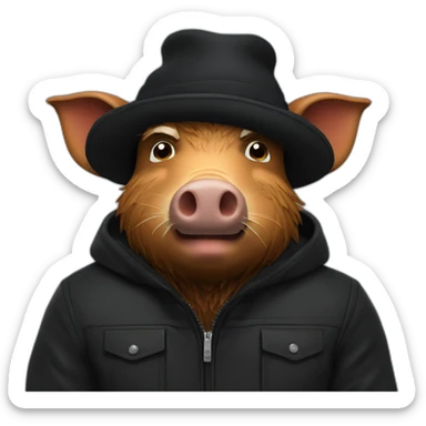 fullface wild tired brown boar with stubble in a black jacket and a black winter hat sticker