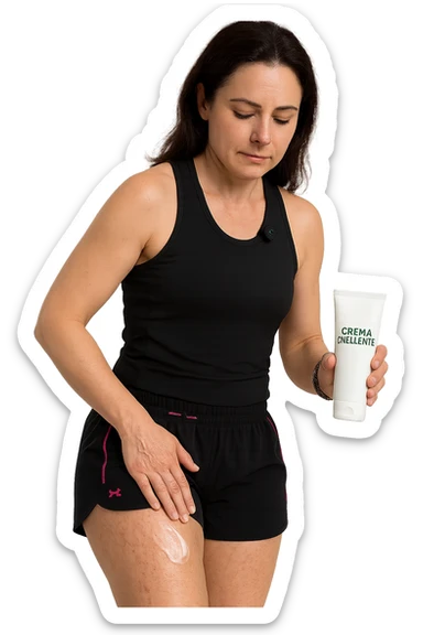Donna con cellulite sulle cosce che usa una crema chiamata "Crema snellente" senza mano in alto sticker