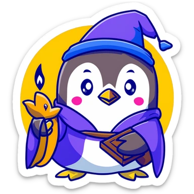 a cute penguin wearing a purple wizard robe and blue wizard hat, casting a spell sticker