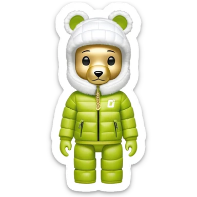 classic geometrical bearbrick with cubic body structure, lime balaclava with built-in single visor lens, Nike logo puffer jacket with luxurious white fur collar and cuffs, designer streetwear, gold chains sticker