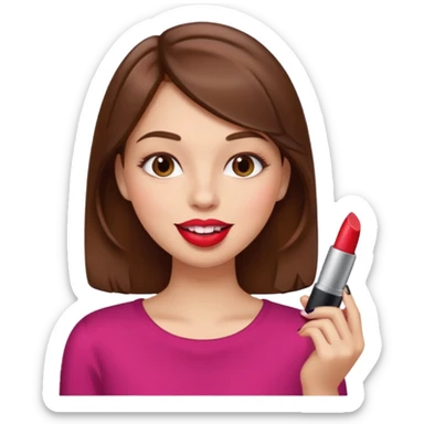 Girl putting lipstick on with Brown hair and big lips sticker