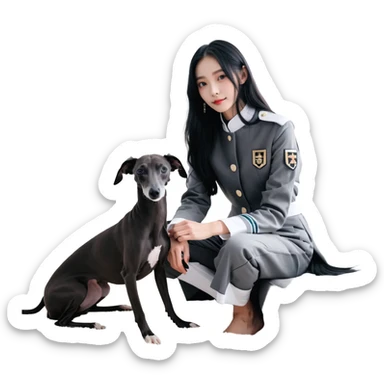 Slim Chinese girl with long black hair and her completely solid dark grey Italian greyhound in a cozy home setting, the dog has absolutely no white markings on face or nose, completely uniform grey color throughout sticker