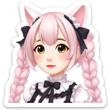 Gorgeous anime style catgirl with blushing face with maid outfit laces gothic Lolita idol model kawaiicore pastelcore cottagecore pearly petite simplistic aesthetic trending style sticker
