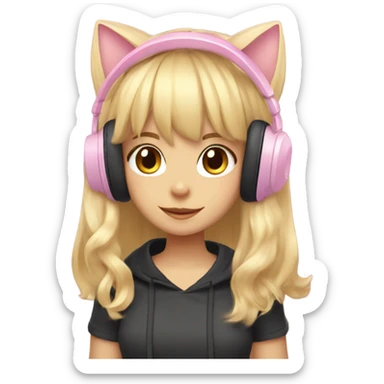 Girl with blonde hair with bangs with pastel pink gaming headset that has cat ears sticker