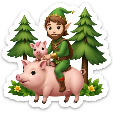 tiny forest elf man long brown hair beard riding baby pig sticker