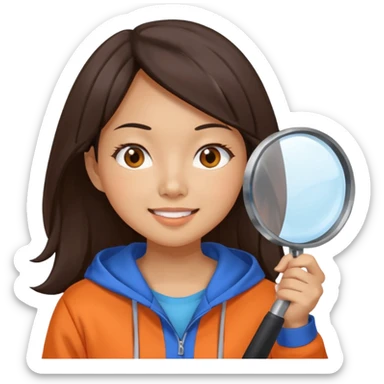 A brunette smiling asian woman wearing orange-blue hoodie holding a large magnifying glass and squinting at something to intently sticker