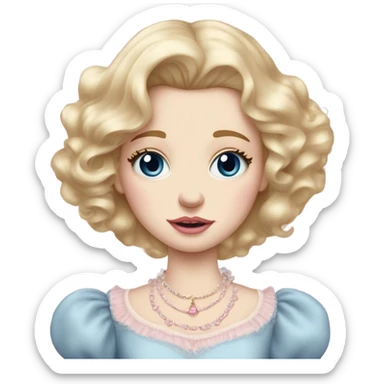 Crying girl with blonde hair pale skin blue eyes. Pink lips blush (but not too much). Vintage blowout with long hair not too curly.  light pink princess dress, puffed sleeves, dainty choker necklace (think Versailles but not too much).  sticker