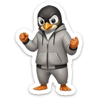 friendly anthropomorphised penguin wearing a mafia-style tracksuit, secretive scheming pose, soprano vibe, angry expression, running aggressively, holding a knuckle duster sticker