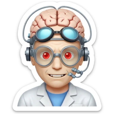 mutant scientist portrait, head and shoulders only, exposed glowing brain, broken goggles, evil smile, mad lab vibe, 3D cartoon, mobile game icon style, clean background, no text, no watermark

 sticker