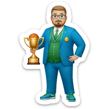 full body white obese male basketball coach with trophy. Goatee , Wearing glasses and blue and green suit sticker