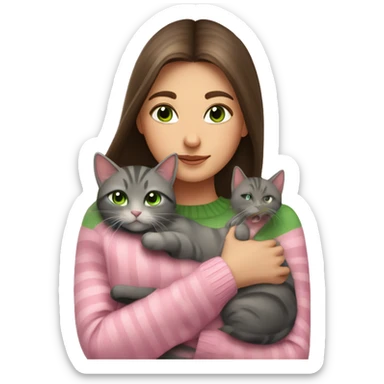 Brunette girl with long hair and green eyes in a pink sweater hugs a gray striped cat. The cat has brown eyes sticker