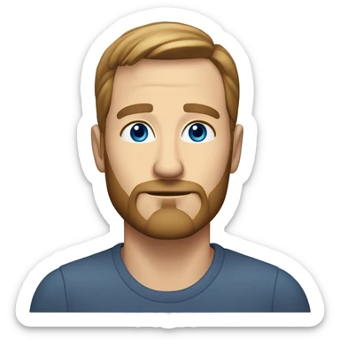 White male, blue eyes, 45 years old, with medium-length light brown hair, combed back and parted in the middle, growing beard sticker
