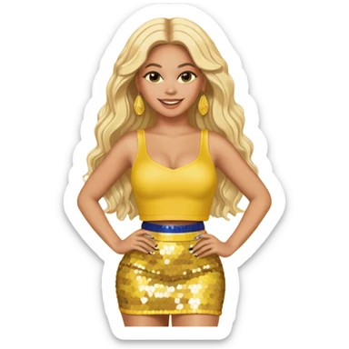 Beyonce with long platinum blonde hair, yellow sequin crop top yellow sequin skirt, gold earring sticker