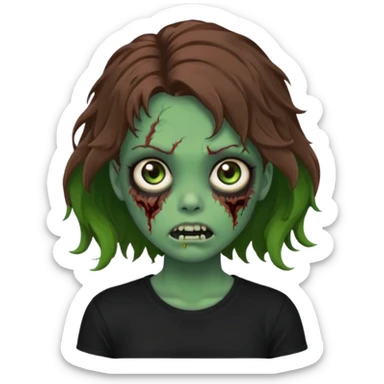 crie um emoji de uma garota zoombie pele verde e cabelo castanho, assustadora e fofa com cabelo ondulado 2b e camiseta básica preta sticker