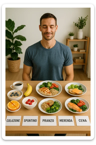 Uomo sereno con fisico sano e asciutto seduto davanti a un grande tavolo diviso in 5 sezioni, ognuna con un pasto bilanciato: colazione, spuntino, pranzo, merenda, cena. Ogni piatto ha porzioni equilibrate di proteine, carboidrati e grassi salutari. Ambiente ordinato, stile di vita sano, luce naturale, atmosfera di consapevolezza nutrizionale. in italiano sticker