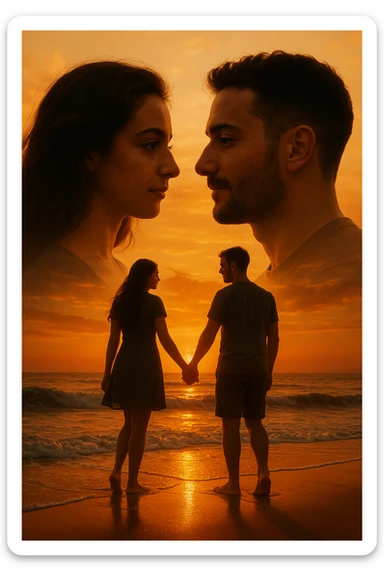 Una doppia esposizione cinematografica di noi di profilo, con un paesaggio di spiaggia al tramonto integrato nella silhouette.
La scena interna ci mostra entrambi camminare sulla sabbia bagnata, tenendoci per mano, con le onde del mare che si infrangono è facile e un cielo colorato dagli ultimi raggi di sole. Atmosfera calda e intima, toni dorati arancioni, dettagli fini ed espressivi, risoluzione 8K. sticker