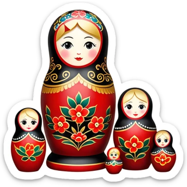 Wood painting icon, painted wooden matryoshkas (nesting dolls) of various sizes, vase, and small wooden box, visible carving tools, paintbrushes, traditional patterns in bright colors like red, gold, and black, no finished artwork, just the crafting process, minimalistic style, clean lines, transparent background. sticker