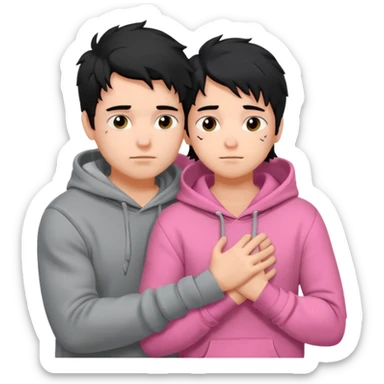 generate a pretty bratz fair skinned boy with messy black hair in a grey hoodie. Hugging his girlfriend who is wearing pink. Make him muscled sticker