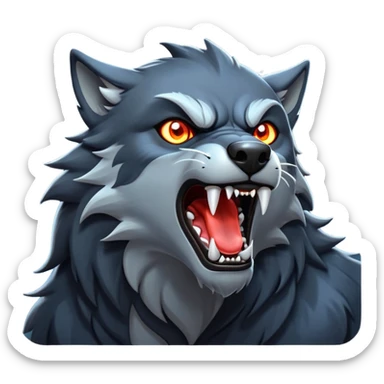 cinematic-noble-fierce-werewolf-howling-portrait-emoji, poised-and-imposing, with a fierce wolfish face tilted upwards in a haunting howl, glowing eyes full of primal ferocity, sharp, and a rugged snout, fur rippling in shades of midnight black and silver, muscles tensed as the powerful howl echoes beneath the moonlit sky; rendered with realism, capturing the raw, untamed power of the beast in its wild, primal state sticker