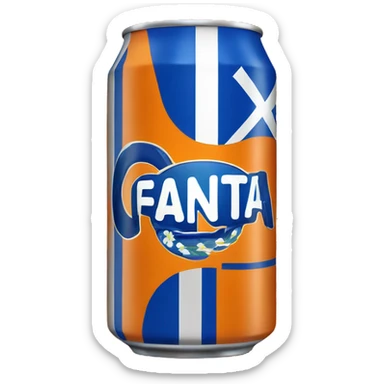 Blue Fanta can with Greek flag printed. An orange next to it sticker