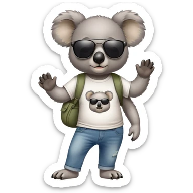 anthropomorphised koala in a band t-shirt and jeans with dark sunglasses walking upright relaxed pose sticker