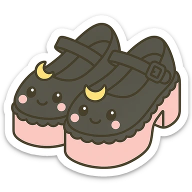 Refine the kawaii BLACKPINK-inspired gothic shoes by replacing star charms with tiny moon charms and adding a scalloped edge detail. Keep the black and pink color contrast, playful and stylish, no hearts, transparent background. sticker