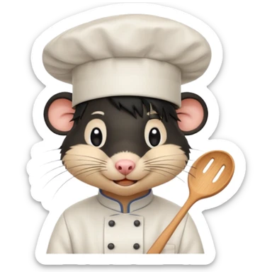 A rat with a fringe, long black hair and chefs hat sticker