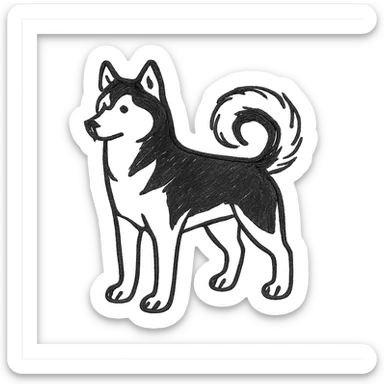 hand drawn outlined icon of a black husky dog, standing, tail curled sticker