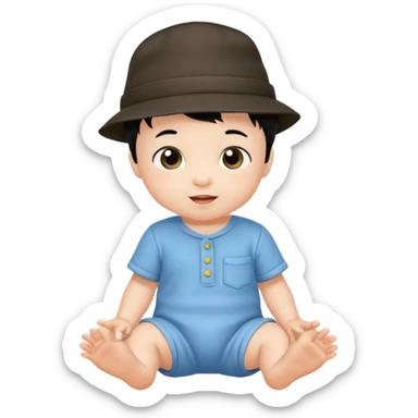 baby boy emoji, fine black hair, wearing a hat and romper, playful look sticker