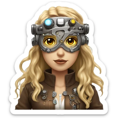 Brown long hair with blonde steaks female cyborg head, fair skin, steampunk goggles and circuits sticker