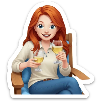 Laughing redhead with long hair and blue eyes holding white wine sitting in chair beside fire backyard sticker