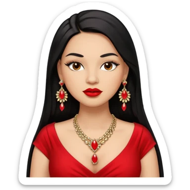 Light skin brown eyes glamorous full figured women black long straight hair red lips necklace and earrings long lashes sticker