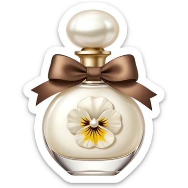pearl white perfume bottle in vintage style and ivory colored pansies and brown bow sticker