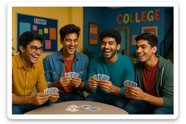 group of four Indian college boys playing tash (cards), laughing, relaxed, modern college vibe, colorful background sticker