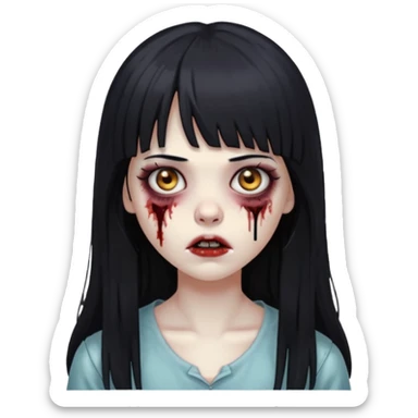 faça o emoji de uma menina zumbi de cabelos longos pretos com franja sticker