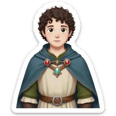 medieval spring outfit worn by a DnD themed fantasy male character. thin wool tunic with a light cloak draped over one shoulder, secured by a wooden brooch. clothes only above the waist. The clothes full waist. The character's haven't arms. character is white-skinned, dark brown hair, hazel eyes, short curly hair. sticker