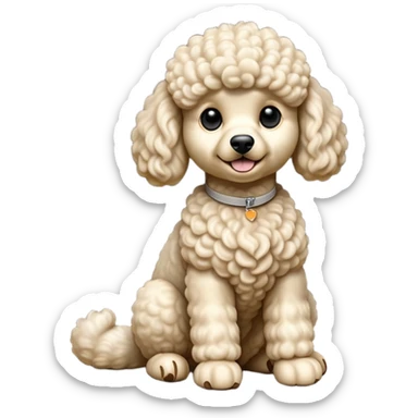 cinematic-[poodle]-realistic-full-body-sitting-emoji,-tail-resting-loosely-beside-its-paws,-head-tilted-dramatically, -curly-[cream white]-fur,-simplified-yet-realistic-focused-features,-highly-detailed,-glowing-with-an-almost-sarcastic-glow sticker