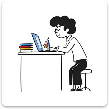 Academic research setup with an open laptop, stack of colorful books, and a rising data chart graph with upward trend. Hand-drawn doodle style with blue laptop screen, multicolored book spines, and a colorful bar chart. sticker