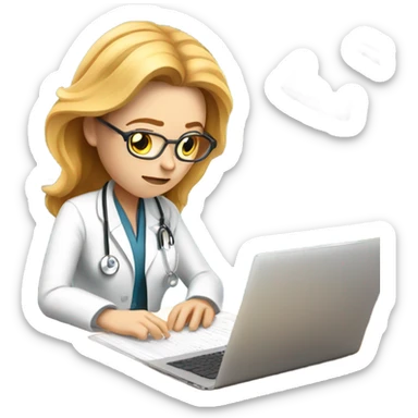 Exhausted, white, female doctor with strawberry blonde hair typing notes at her desk sticker