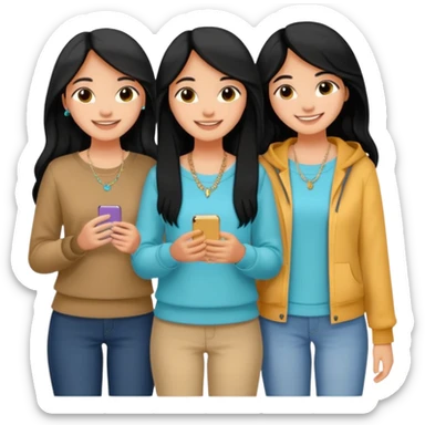 Just 3 best friends smiling big taking a selife, all have medium skin tone with black long hair. Wearing simple jewelry and casual modest clothes color coordinated outfit,  sticker
